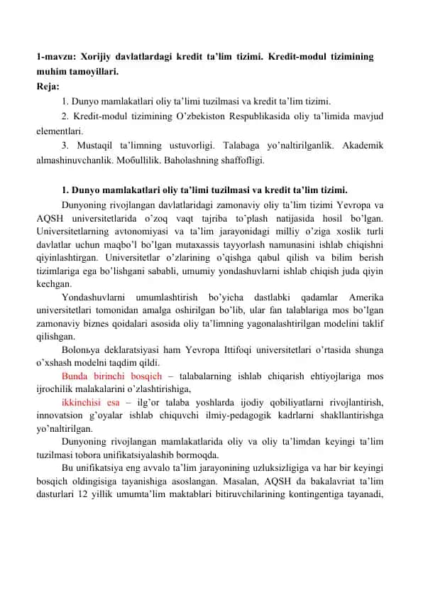 Xorijiy davlatlardagi kredit ta’lim tizimi