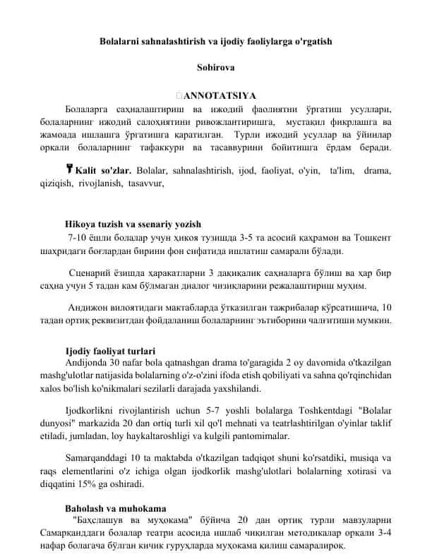 Bolalarni sahnalashtirish va ijodiy faoliylarga o'rgatish