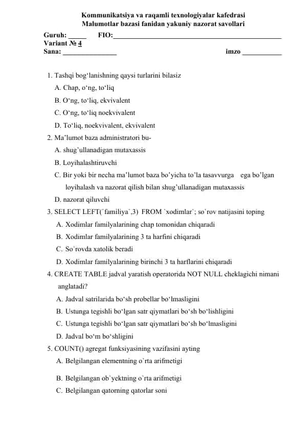 Kommunikatsiya va raqamli texnologiyalar kafedrasi yakuniy nazorat savollari