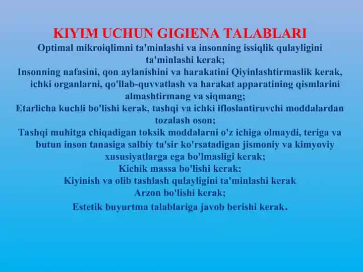 KIYIM UCHUN GIGIENA TALABLARI