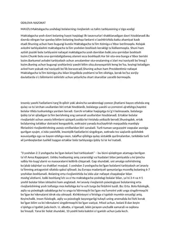 Maktabgacha yoshdagi bolalarning rivojlanish va talim tarbiyasining o’ziga xosligi