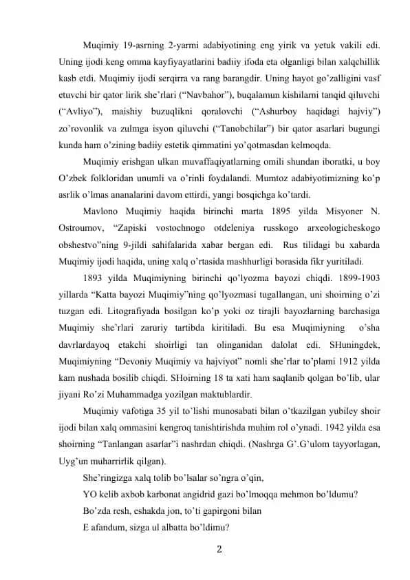 Muqimiy adabiylotining eng yirik vakili