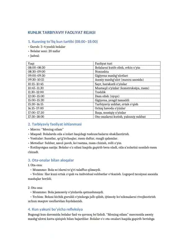 Kunlik Tarbiyaviy Faoliyat Rejasi