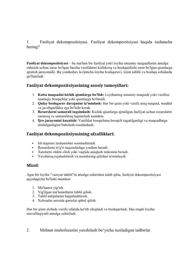 Faoliyat dekompozitsiyasi. Faoliyat dekompozitsiyasi haqida tushuncha bering?