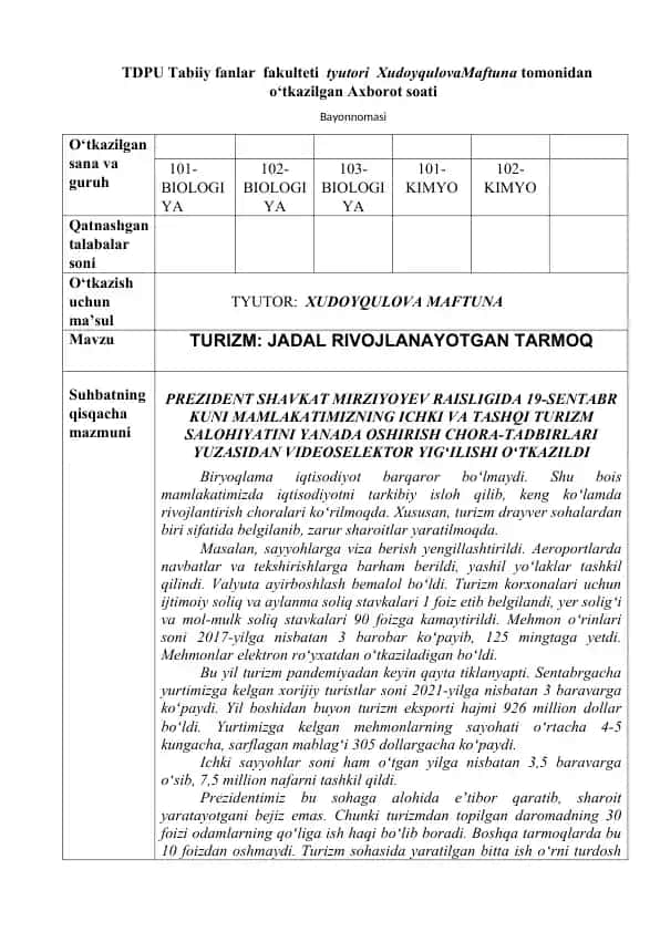 TURIZM: JADAL RIVOJLANAYOTGAN TARMOQ