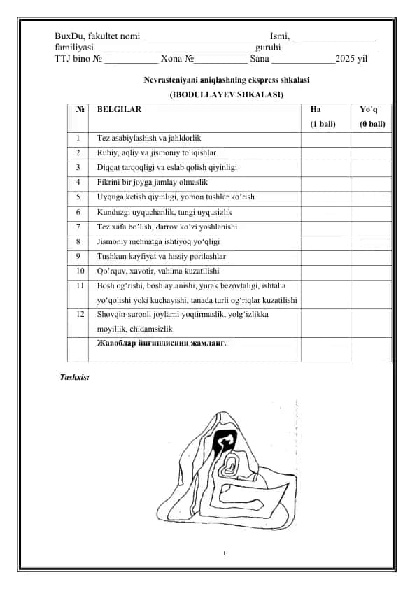 Nevrasteniyani aniqlashning ekspress shkalasi (IBODULLAYEV SHKALASI)