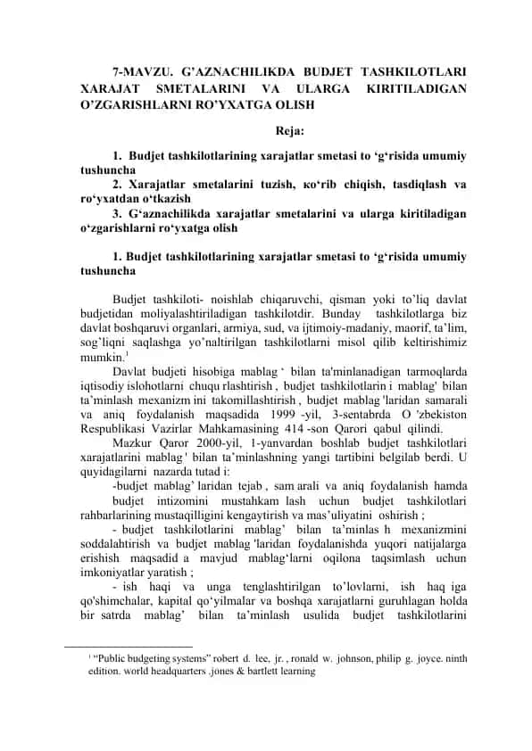 Budjet tashkilotlarining xarajatlar smetasi to ‘g‘risida umumiy tushuncha
