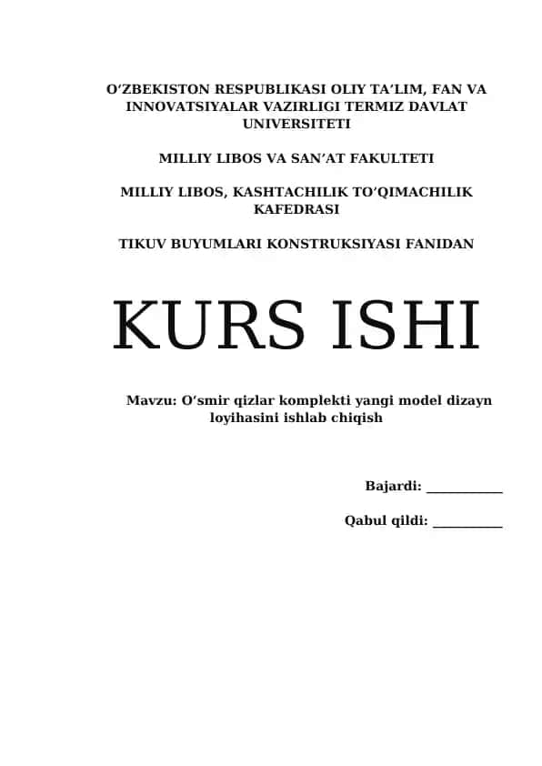 O’smir qizlar komplekti yangi model dizayn loyihasini ishlab chiqish