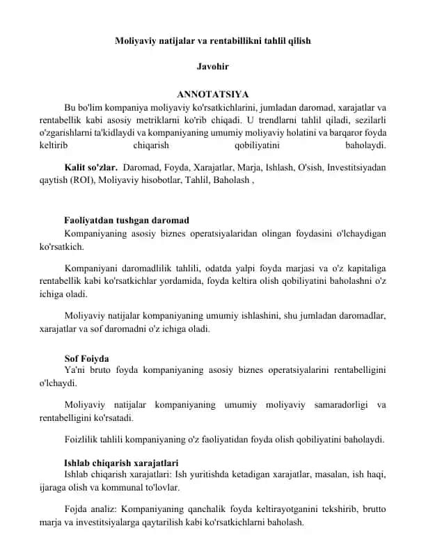 Moliyaviy natijalar va rentabillikni tahlil qilish