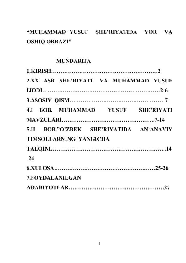 Muhammad Yusuf she'riyatida yor va oshiq obrazi