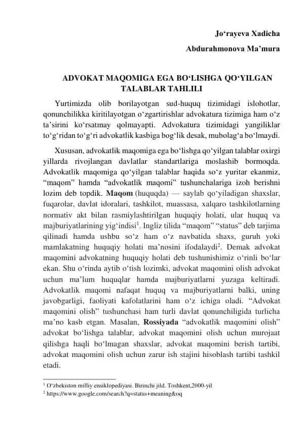 Advokat maqomiga ega boʻlishga qoʻyilgan talablar tahlili
