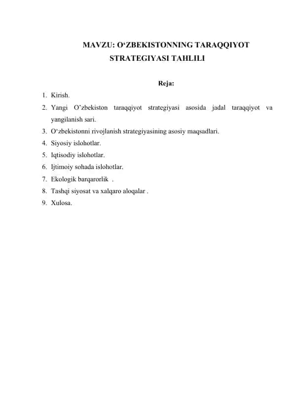 O‘zbekistonning taraqqiyot strategiyasi tahlili