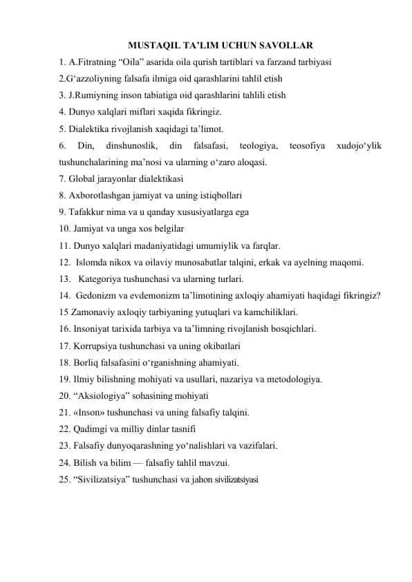 MUSTAQIL TA’LIM UCHUN SAVOLLAR