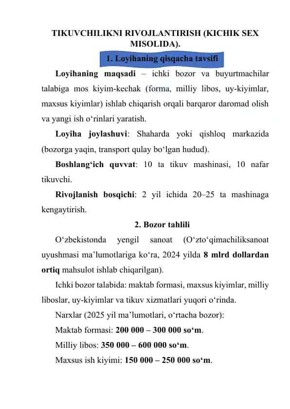 TIKUVCHILIKNI RIVOJLANTIRISH (KICHIK SEX MISOLIDA)