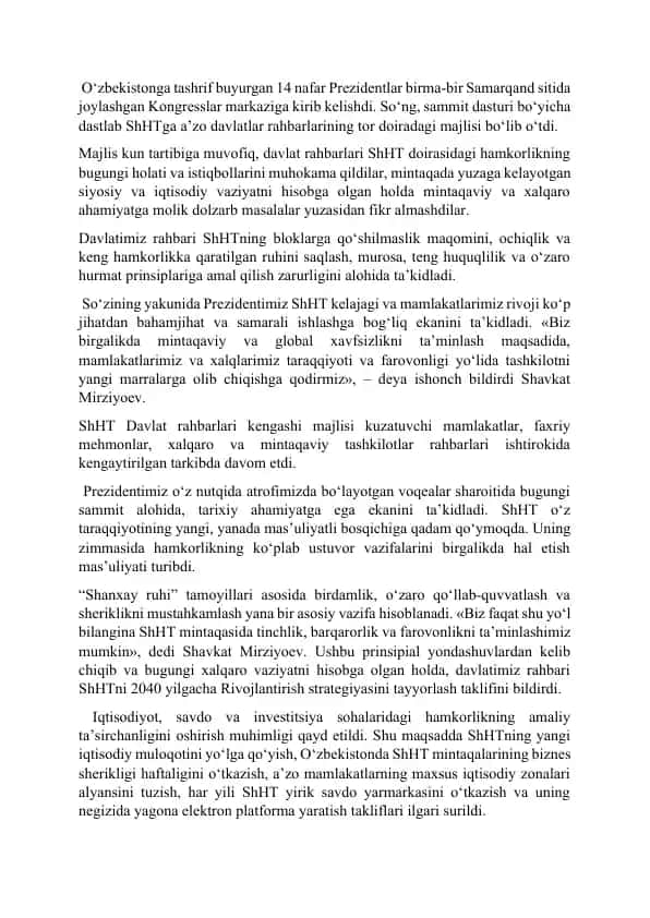 ShHT Samarqand sammiti yakunlari va kelajak istiqbollari haqida taqdimot