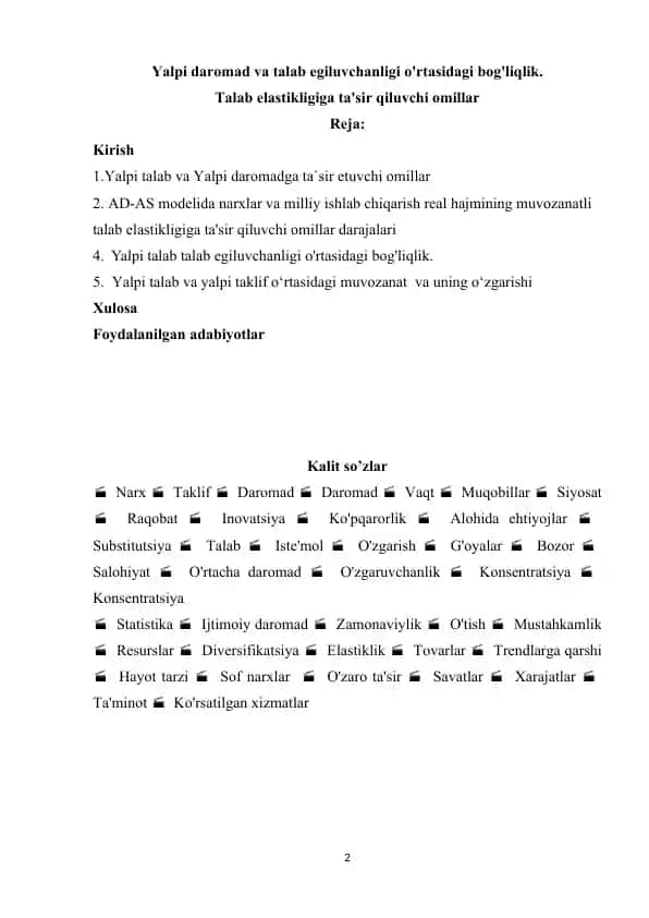 Yalpi talab - yalpi taklifning o'zgarishi va unga ta'sir etuvchi omillar