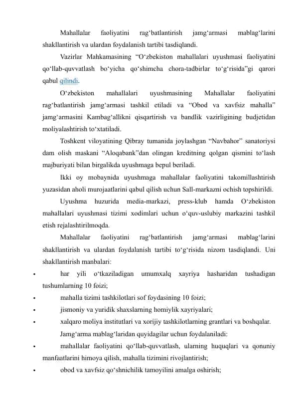 Mahallalar faoliyatini rag‘batlantirish jamg‘armasi