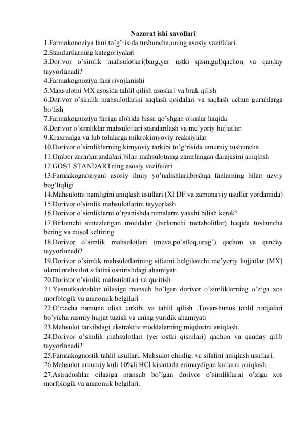 Farmakognoziya fanidan savollargina javoblar