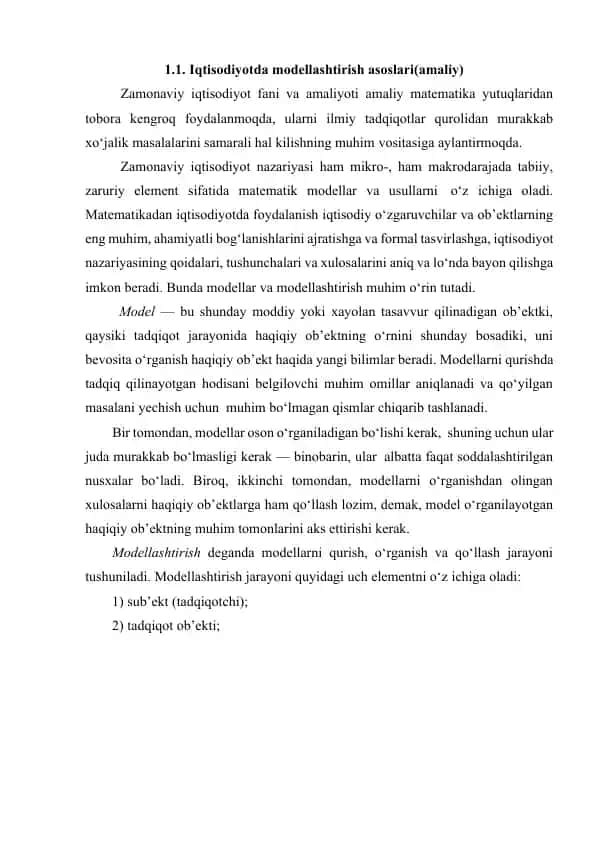 Iqtisodiyotda modellashtirish asoslari (amaliy)
