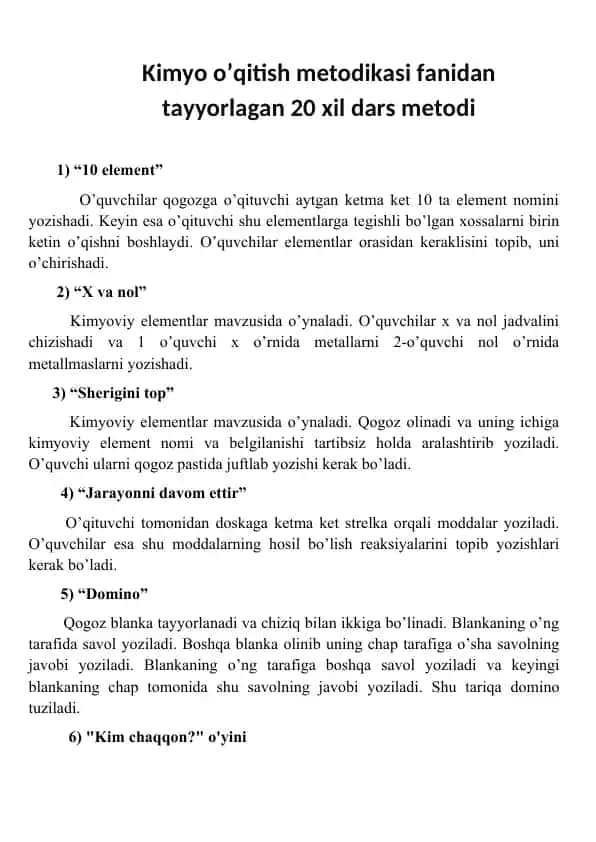Kimyo o’qitish metodikasi fanidan tayyorlagan 20 xil dars metodi