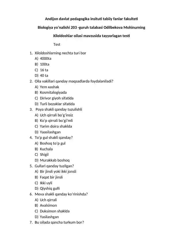 Xiloldoshlar oilasi mavzusida tayyorlagan test