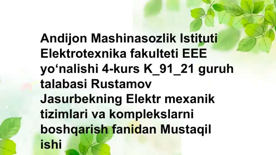 Elektr Mexanika Tizimlari va Komplekslarni Boshqarish