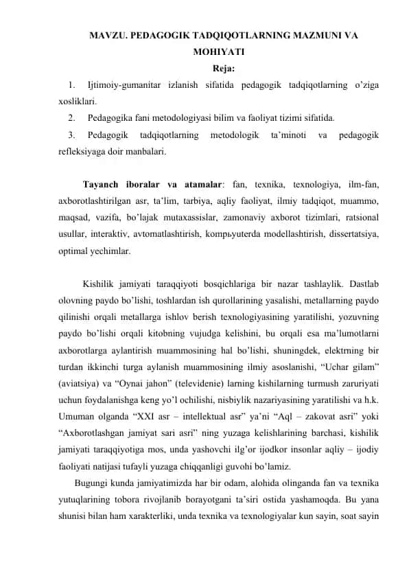 PEDAGOGIK TADQIQOTLARNING MAZMUNI VA MOHIYATI