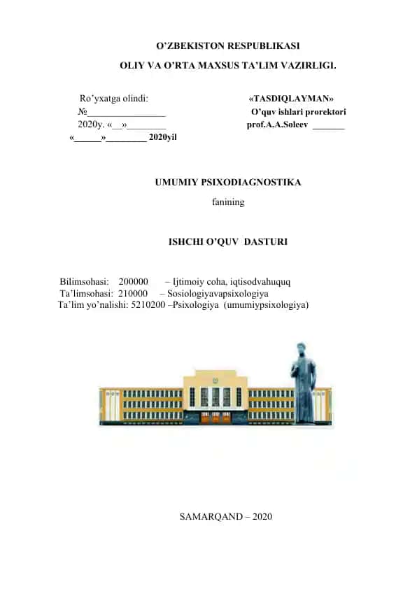 UMUMIY PSIXODIAGNOSTIKA fanining ISHCHI O’QUV DASTURI