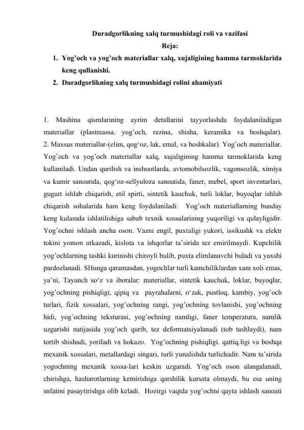 Duradgorlikning xalq turmushidagi roli va vazifasi