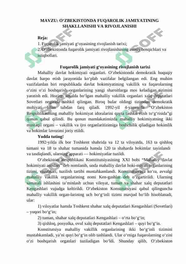 O‘ZBEKISTONDA FUQAROLIK JAMIYATINING SHAKLLANISHI VA RIVOJLANISHI