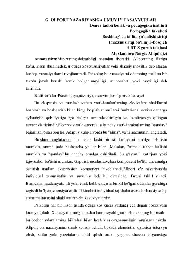 G. OLPORT NAZARIYASIGA UMUMIY TASAVVURLAR