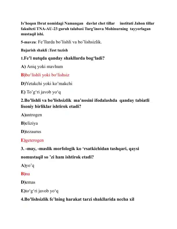 Is’hoqon Ibrat nomidagi Namangan davlat chet tillar instituti Jahon tillar fakulteti TNA-AU-23 guruh talabasi Turg’inova Mohinurning tayyorlagan mustaqil ishi