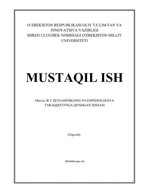 B.V ZEYGARNIKNING PATOPSIXOLOGIYA TARAQQIYOTIGA QO'SHGAN HISSASI