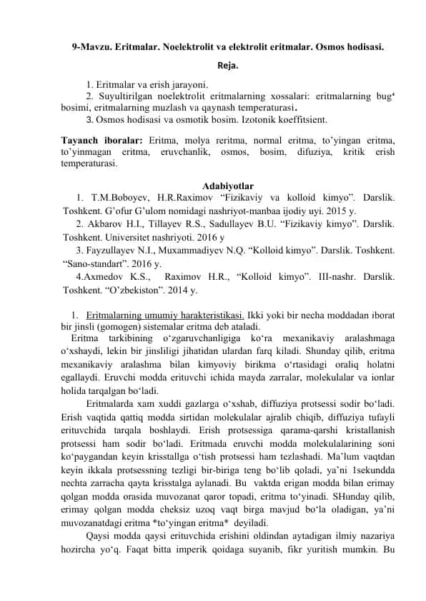 Eritmalar. Noelektrolit va elektrolit eritmalar. Osmos hodisasi.