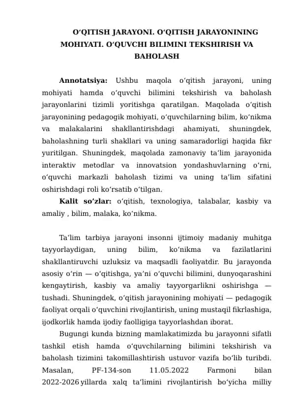 O‘QITISH JARAYONI