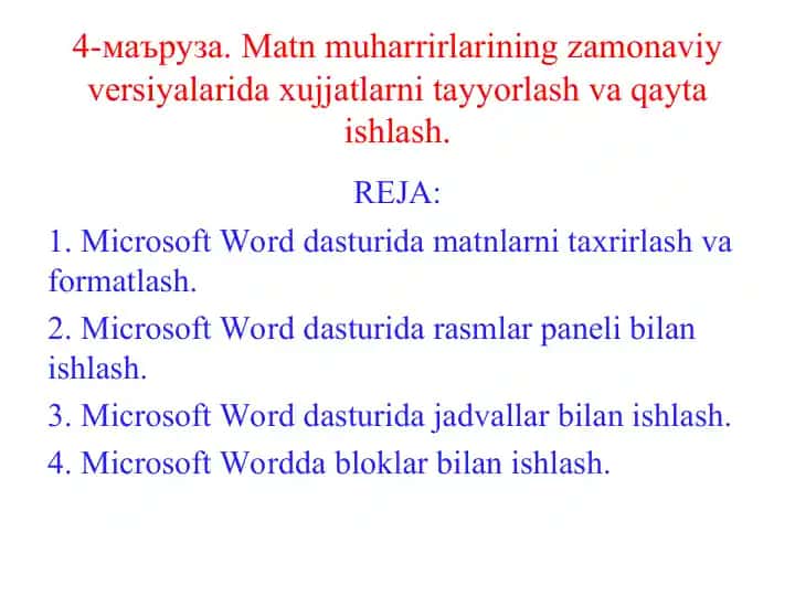 Microsoft Word dasturiga ma'ruzalar tayyorlash
