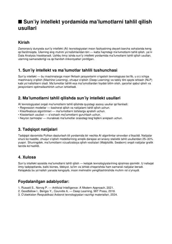 Sun’iy intellekt yordamida ma’lumotlarni tahlil qilish usullari