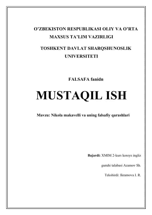 Nikola Makiavelli va uning falsafiy qarashlari