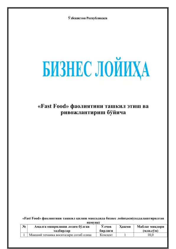 Biznes loyiha “Fast Food” faoliyatini tashkil etish va ривожлантириш