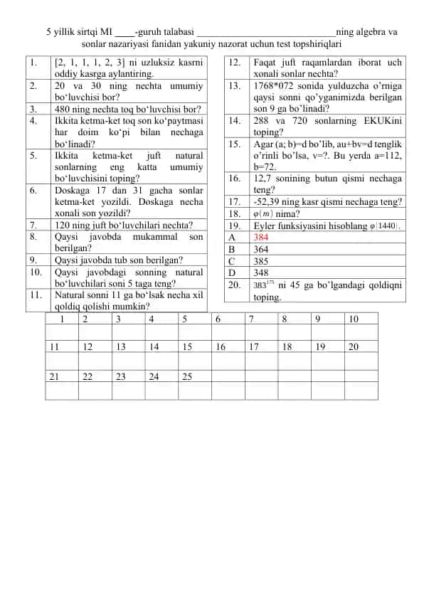 Algebra va sonlar nazariyasi fanidan yakuniy nazorat uchun test topshiriqlari