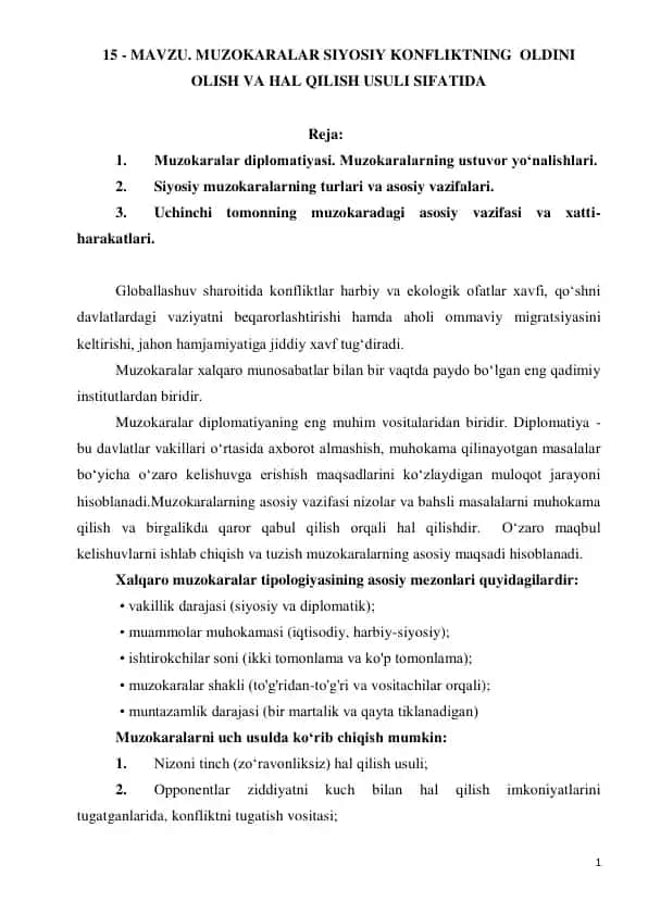 Muzokaralar Siyosiy Konfliktning Oldini olish va hal qilish usuli sifatida