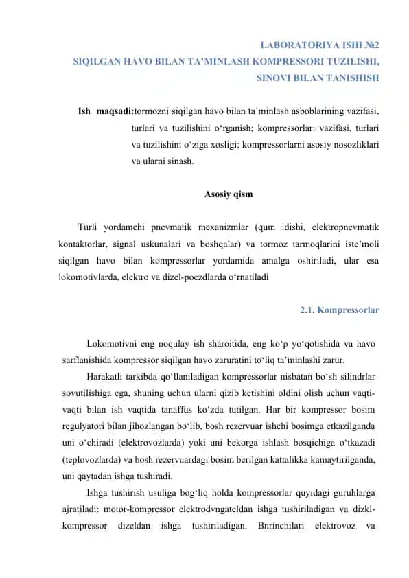 SIQILGAN HAVO BILAN TA’MINLASH KOMPRESSORI TUZILISHI, SINOVI BILAN TANISHISH