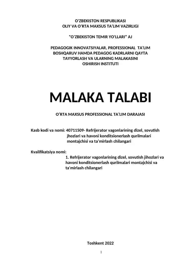 Refrijerator vagonlarining dizel, sovutish jihozlari va havoni konditsionerlash qurilmalari montajchisi va ta'mirlash chilangari