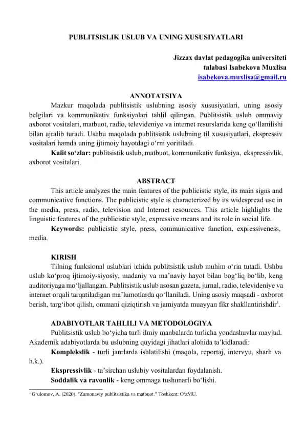 PUBLITSISLIK USLUB VA UNING XUSUSIYATLARI