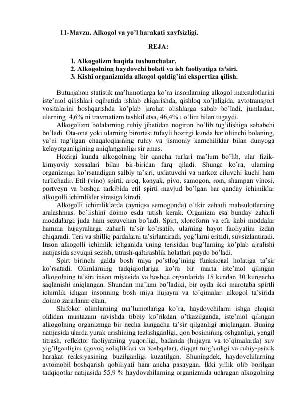 Alkogol va yo'l harakati xavfsizligi
