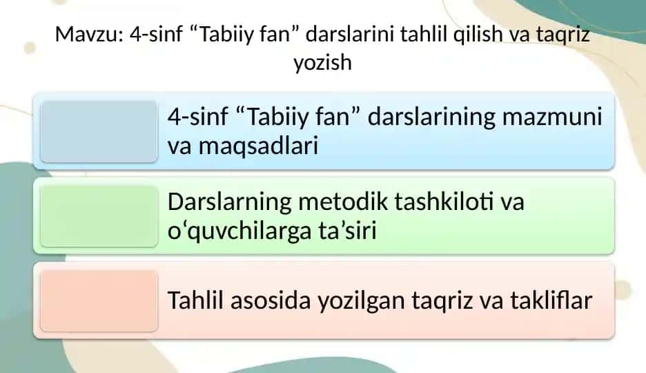 4-sinf “Tabiiy fan” darslarini tahlil qilish va taqriz yozish