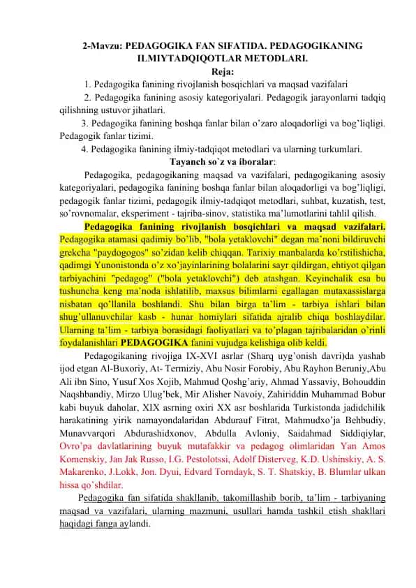 Pedagogika fanidan ma'lumotlar