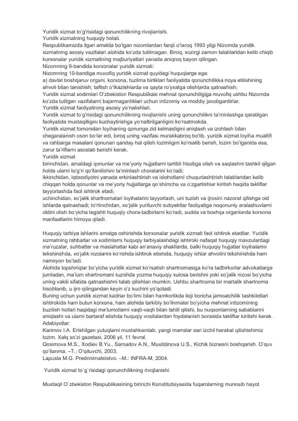 Yuridik xizmat to‘g‘risidagi qonunchilikning rivojlanishi.