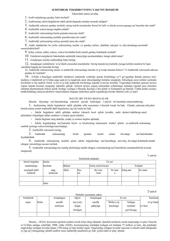 AUDITORLIK TEKSHIRUVINING YAKUNIY BOSQICHI