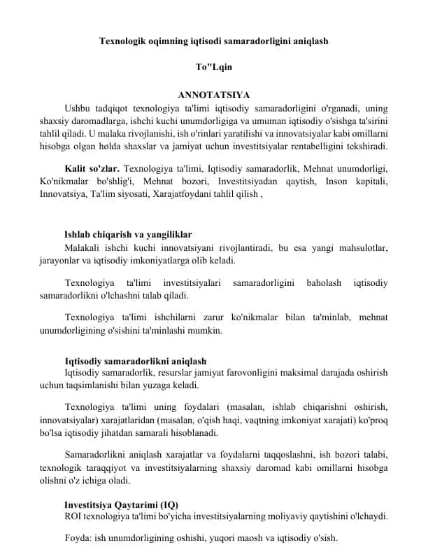 Texnologik oqimning iqtisodi samaradorligini aniqlash